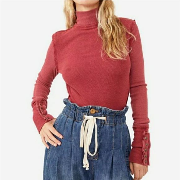 NEW Free People JoJo Long Sleeve Ribbed Thermal Snap Cuff Top in Hot Pink - Picture 1 of 11